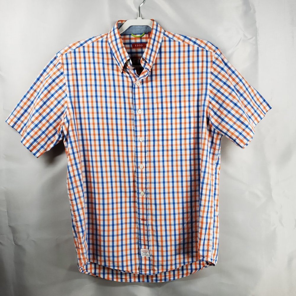 IZOD Saltwater Button Up Short Sleeve Shirt Orange Blue White Plaid Men Sz M